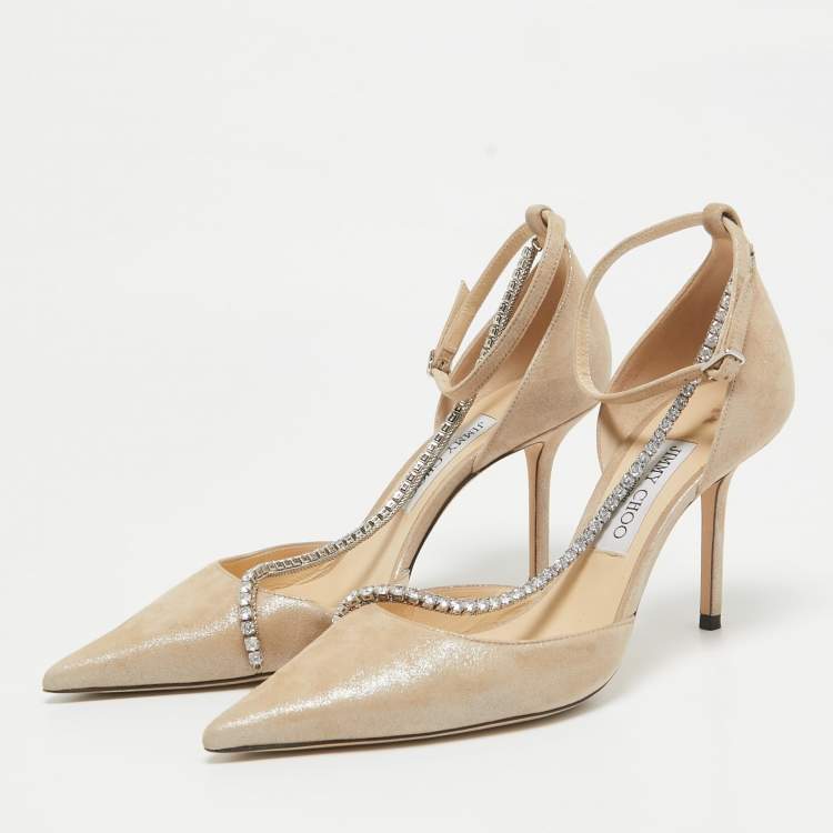 Pre Owned Jimmy Choo Beige Textured Suede Crystal Chain Talika Pumps Size 40