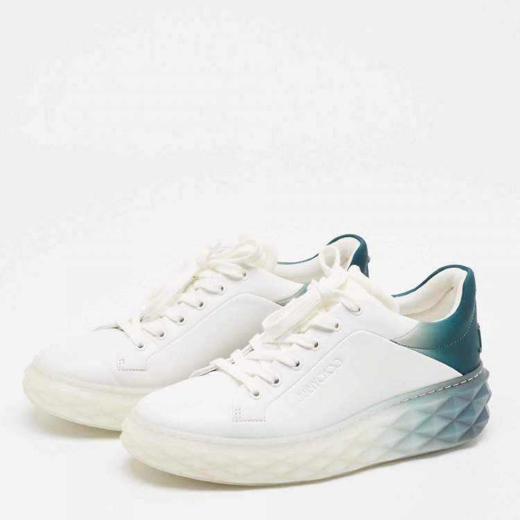 Pre Owned Jimmy Choo White/Green Leather and Fabric Diamond Sneakers Size 39.5