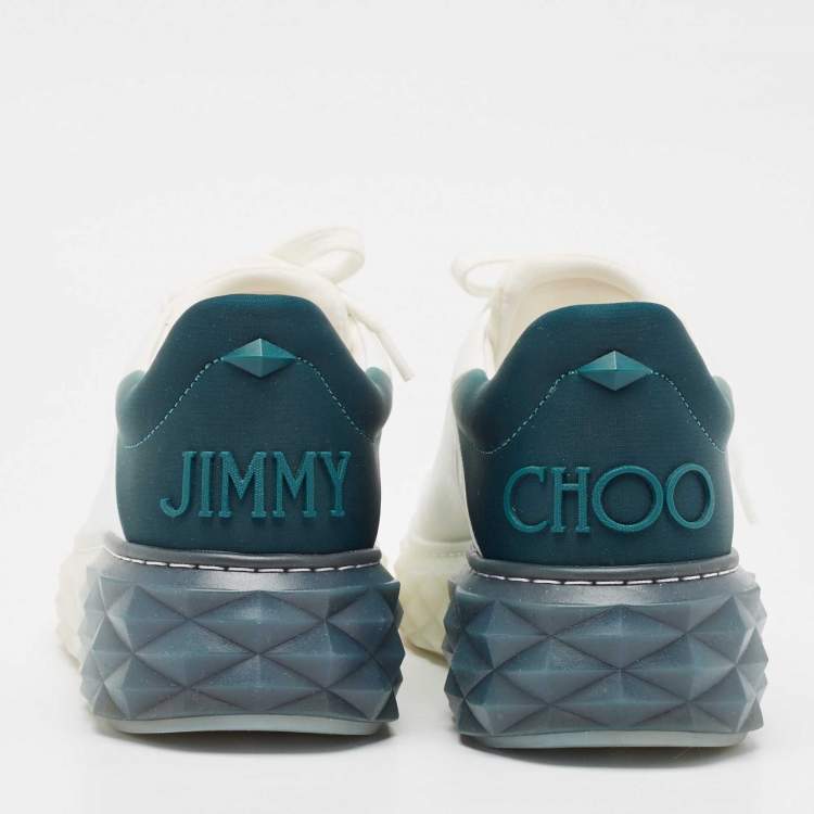Pre Owned Jimmy Choo White/Green Leather and Fabric Diamond Sneakers Size 39.5