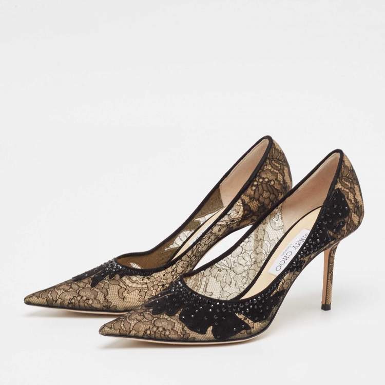 Pre Owned Jimmy Choo Black Floral Lace Pointed Toe Pumps Size 40.5
