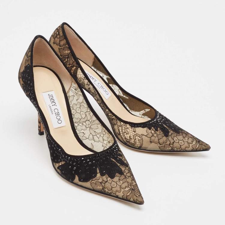 Pre Owned Jimmy Choo Black Floral Lace Pointed Toe Pumps Size 40.5