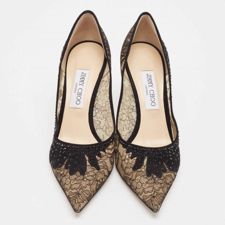 Pre Owned Jimmy Choo Black Floral Lace Pointed Toe Pumps Size 40.5
