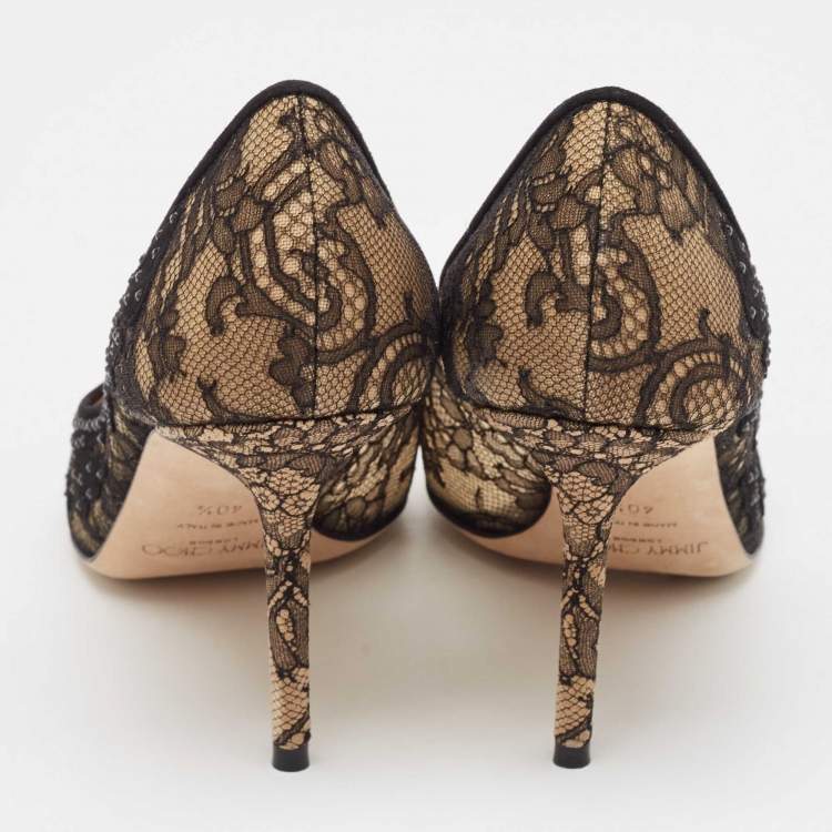 Pre Owned Jimmy Choo Black Floral Lace Pointed Toe Pumps Size 40.5