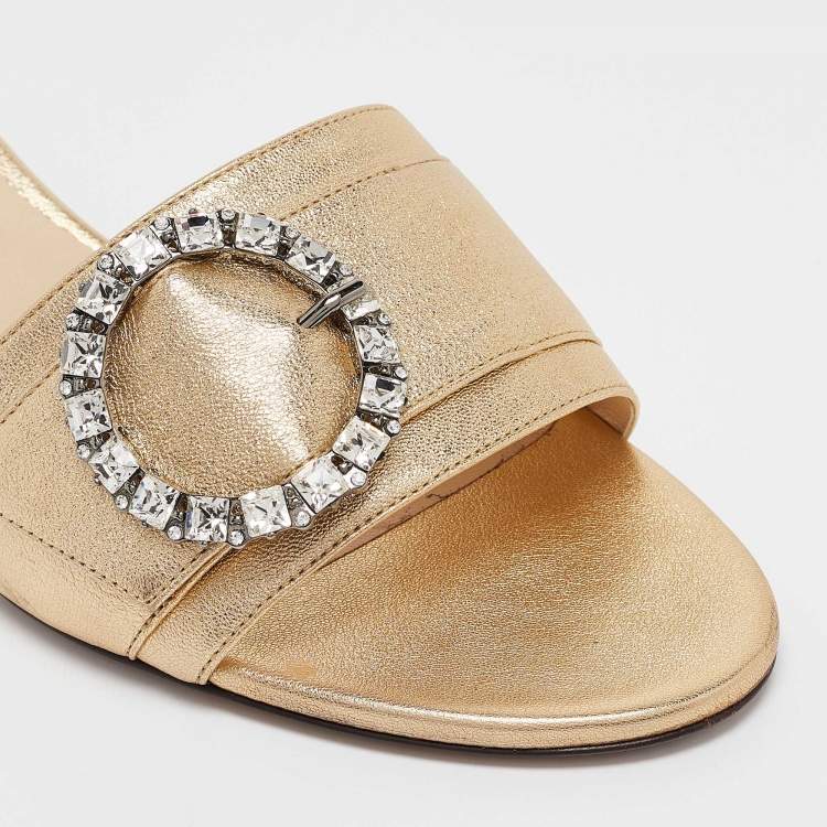 Pre Owned Jimmy Choo Gold Leather Crystal Embellished Minea Slide Sandals Size 40.5