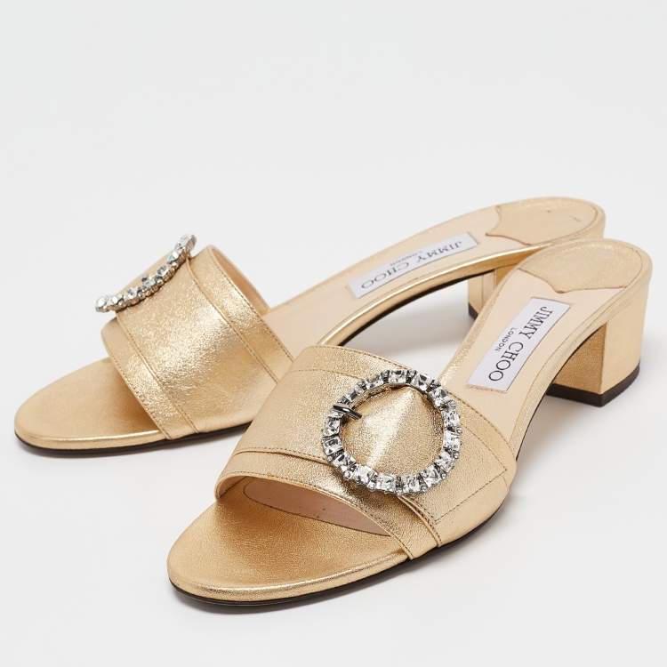 Pre Owned Jimmy Choo Gold Leather Crystal Embellished Minea Slide Sandals Size 40.5
