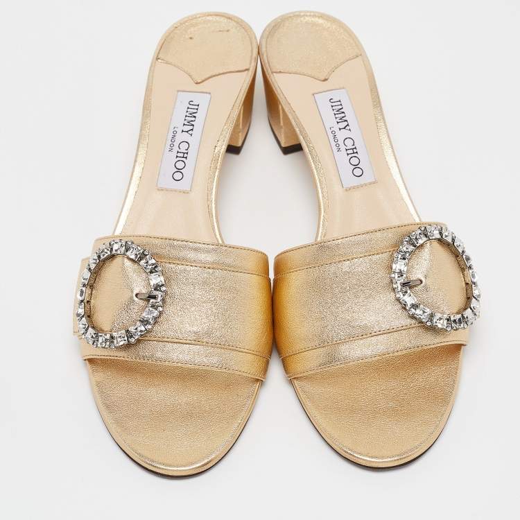 Pre Owned Jimmy Choo Gold Leather Crystal Embellished Minea Slide Sandals Size 40.5