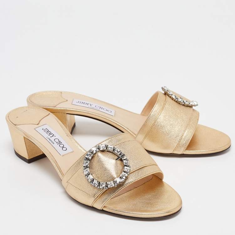 Pre Owned Jimmy Choo Gold Leather Crystal Embellished Minea Slide Sandals Size 40.5