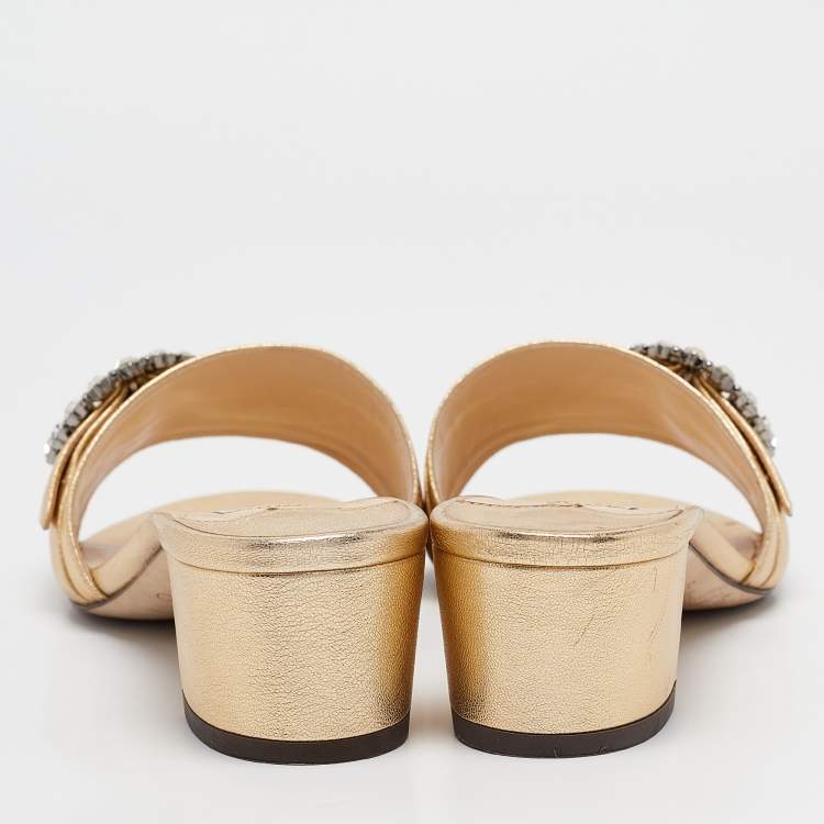 Pre Owned Jimmy Choo Gold Leather Crystal Embellished Minea Slide Sandals Size 40.5