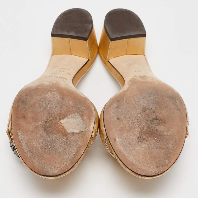 Pre Owned Jimmy Choo Gold Leather Crystal Embellished Minea Slide Sandals Size 40.5