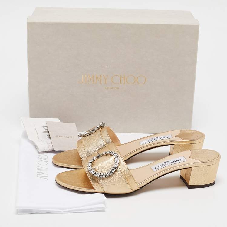 Pre Owned Jimmy Choo Gold Leather Crystal Embellished Minea Slide Sandals Size 40.5