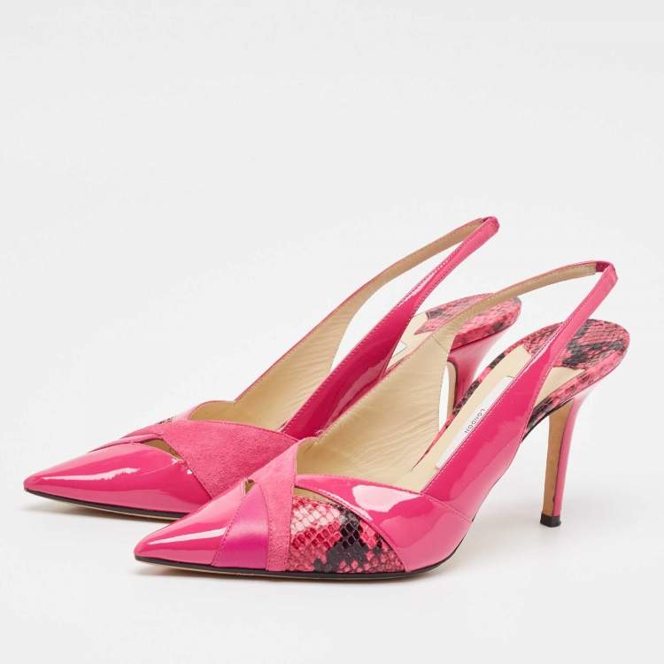 Pre Owned Jimmy Choo Pink Patent Leather and Suede Pointed Toe Slingback Pumps Size 38.5