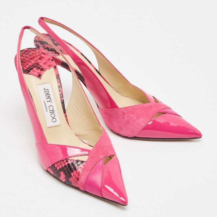 Pre Owned Jimmy Choo Pink Patent Leather and Suede Pointed Toe Slingback Pumps Size 38.5