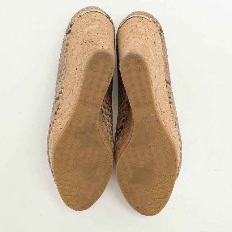 Pre Owned Jimmy Choo Beige/Brown Python Embossed Leather Papina Wedge Pumps Size 37.5