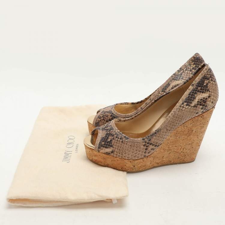 Pre Owned Jimmy Choo Beige/Brown Python Embossed Leather Papina Wedge Pumps Size 37.5