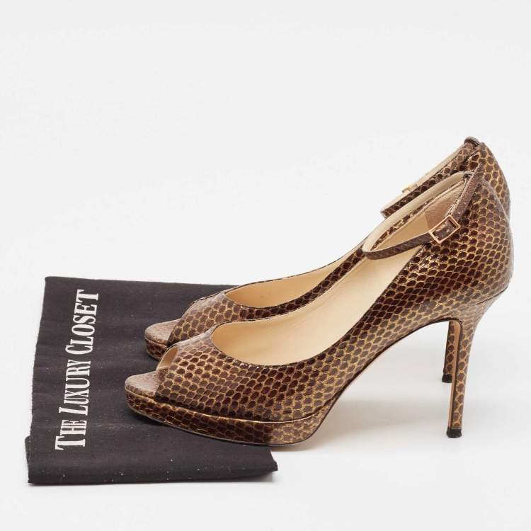 Pre Owned Jimmy Choo Brown Python Leather Peep Toe Pumps Size 39.5