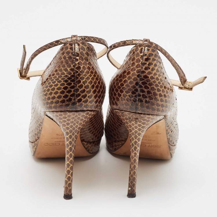 Pre Owned Jimmy Choo Brown Python Leather Peep Toe Pumps Size 39.5