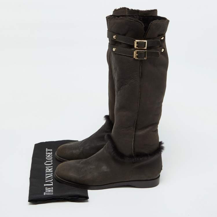 Pre Owned Jimmy Choo Dark Brown Leather and Fur High Snow Boots Size 40