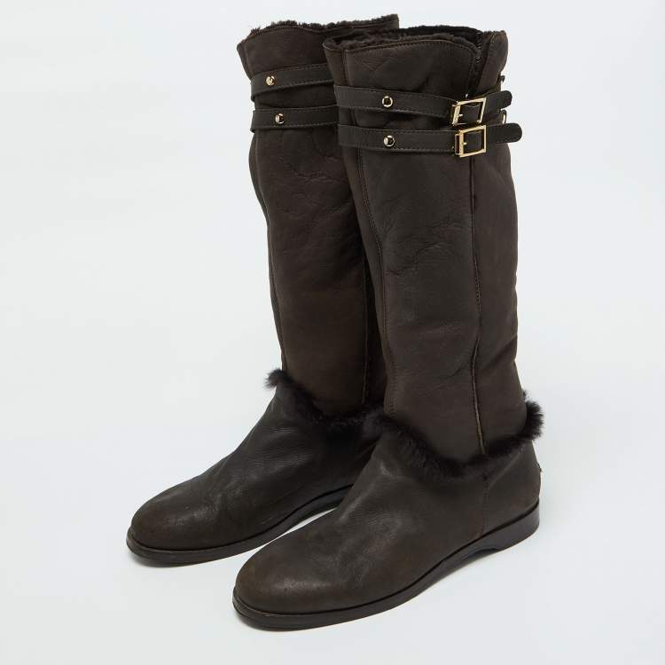 Pre Owned Jimmy Choo Dark Brown Leather and Fur High Snow Boots Size 40