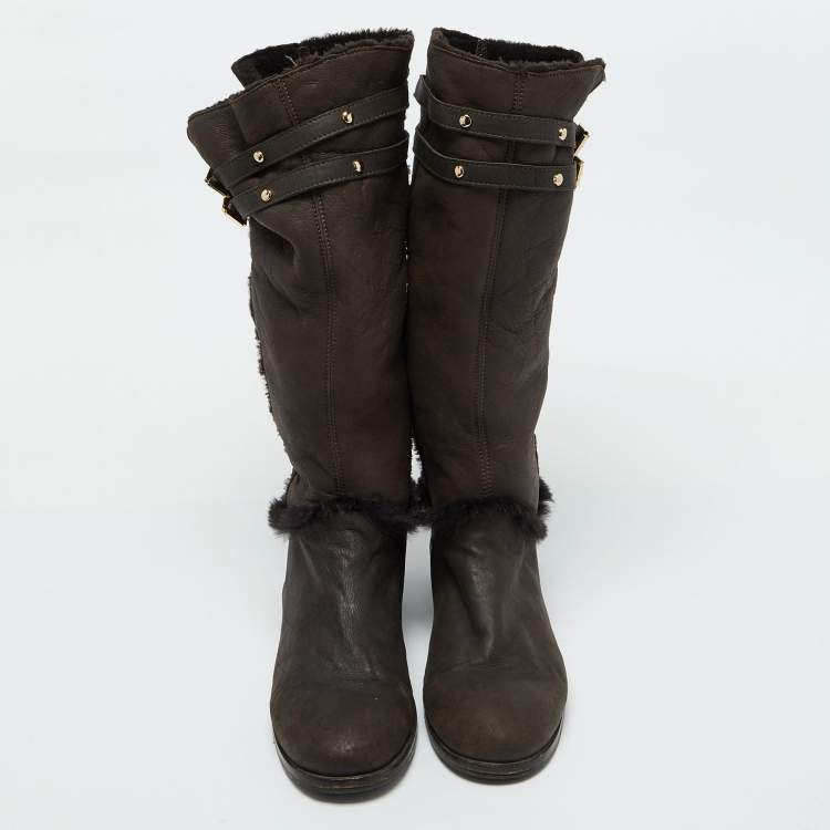 Pre Owned Jimmy Choo Dark Brown Leather and Fur High Snow Boots Size 40