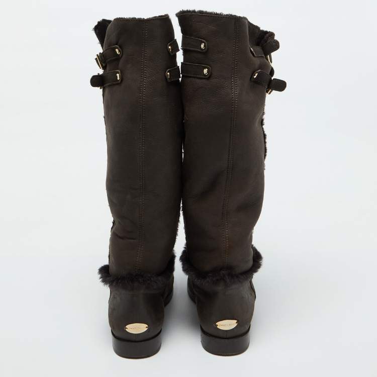Pre Owned Jimmy Choo Dark Brown Leather and Fur High Snow Boots Size 40