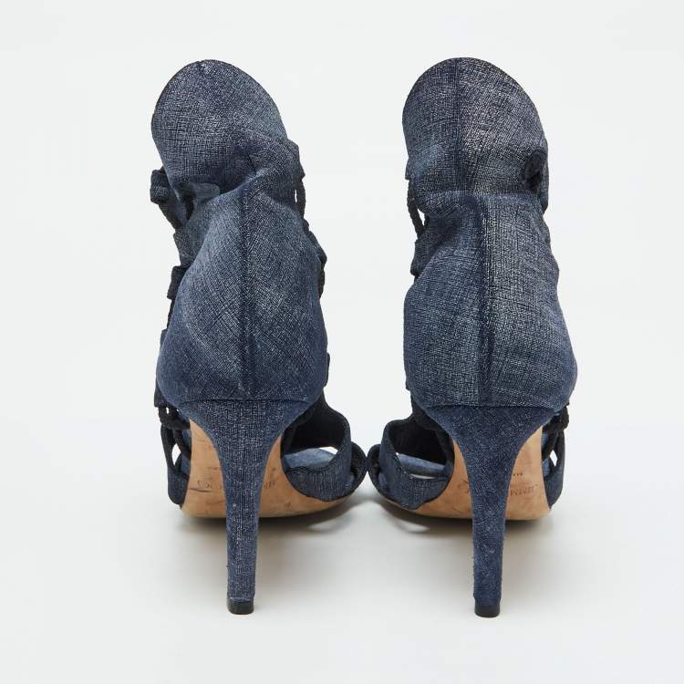 Pre Owned Jimmy Choo Blue Denim Fabric Cutout Gladiator Sandals Size 39