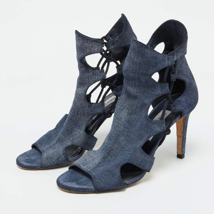 Pre Owned Jimmy Choo Blue Denim Fabric Cutout Gladiator Sandals Size 39