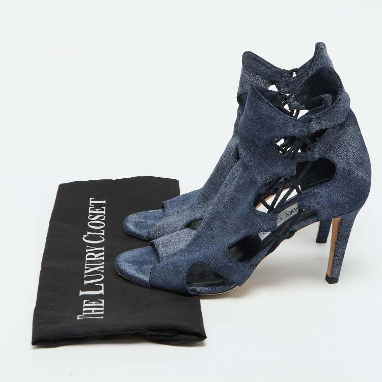 Pre Owned Jimmy Choo Blue Denim Fabric Cutout Gladiator Sandals Size 39