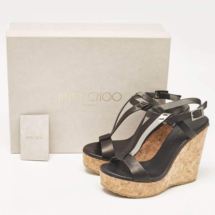 Pre Owned Jimmy Choo Black Leather Native Cork Wedge Sandals Size 35.5
