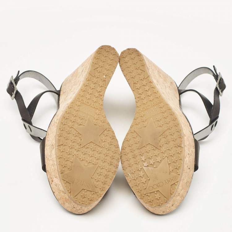 Pre Owned Jimmy Choo Black Leather Native Cork Wedge Sandals Size 35.5