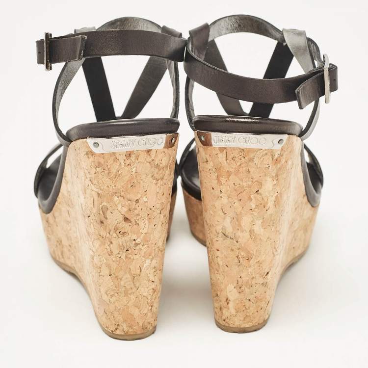 Pre Owned Jimmy Choo Black Leather Native Cork Wedge Sandals Size 35.5