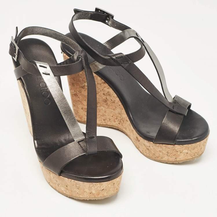 Pre Owned Jimmy Choo Black Leather Native Cork Wedge Sandals Size 35.5
