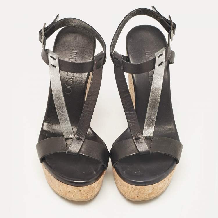 Pre Owned Jimmy Choo Black Leather Native Cork Wedge Sandals Size 35.5