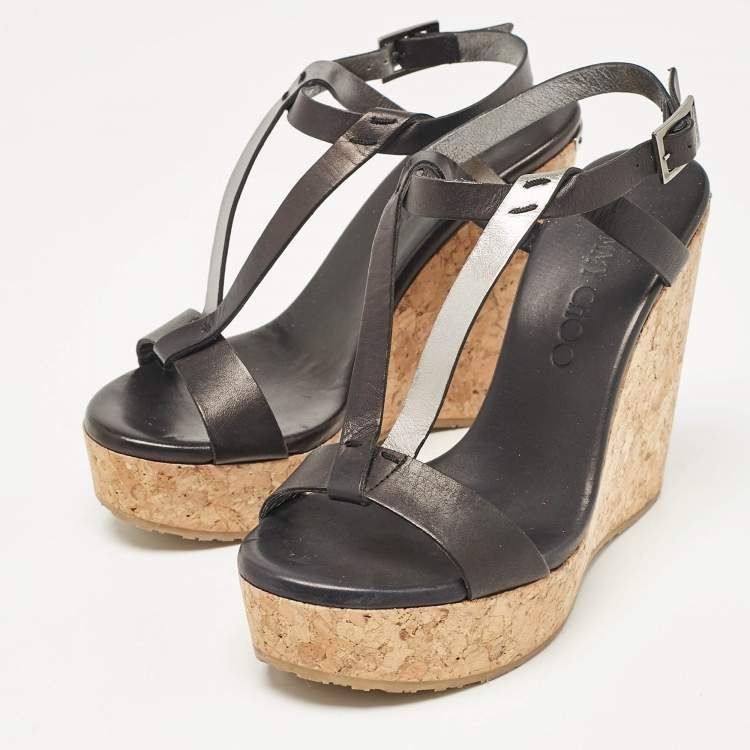 Pre Owned Jimmy Choo Black Leather Native Cork Wedge Sandals Size 35.5