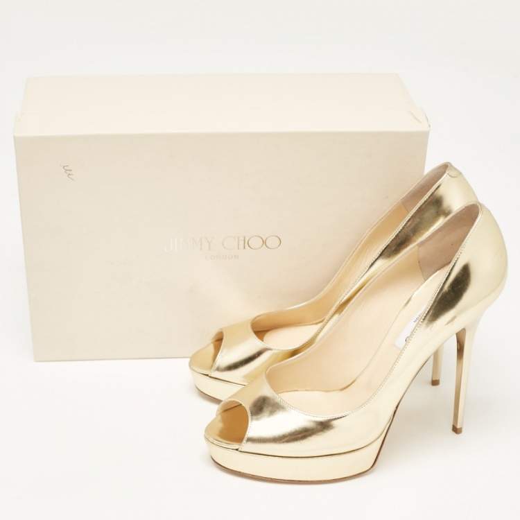 Pre Owned Jimmy Choo Gold Leather Crown Platform Pumps Size 40