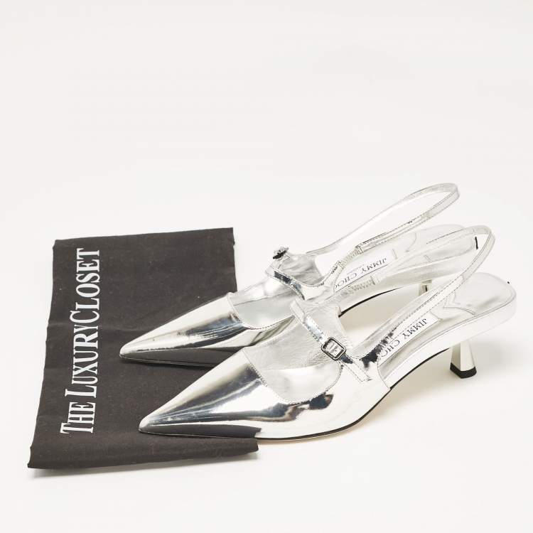 مملوكة مسبقًا Jimmy Choo Silver Leather Didi Pointed Toe Slingback Pumps Size 38