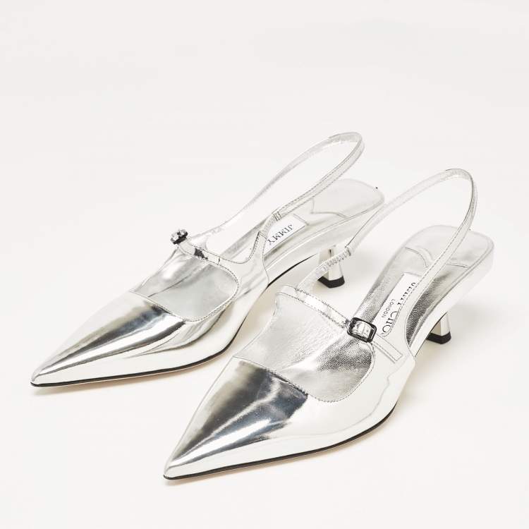 مملوكة مسبقًا Jimmy Choo Silver Leather Didi Pointed Toe Slingback Pumps Size 38