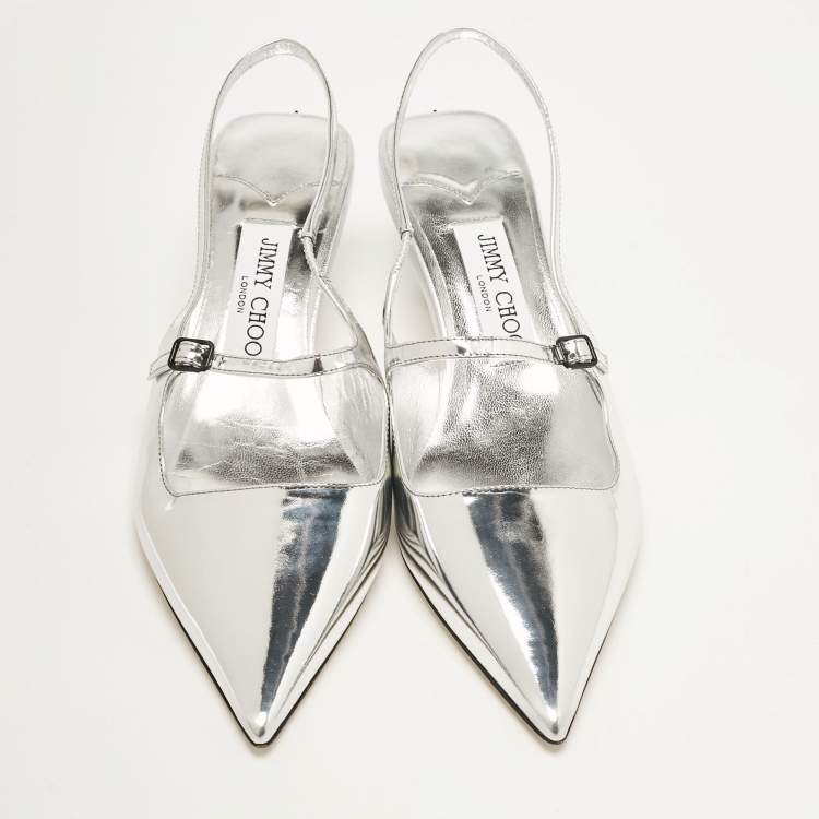 مملوكة مسبقًا Jimmy Choo Silver Leather Didi Pointed Toe Slingback Pumps Size 38