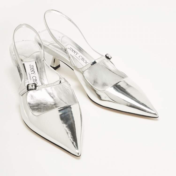 مملوكة مسبقًا Jimmy Choo Silver Leather Didi Pointed Toe Slingback Pumps Size 38