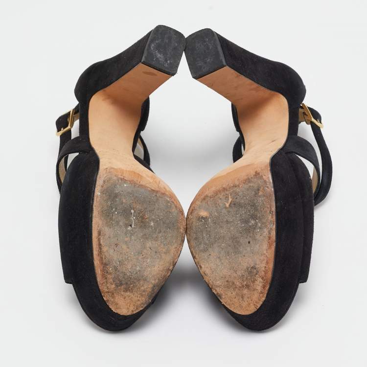 Pre Owned Jimmy Choo Black Suede Platform Ankle Strap Sandals Size 39