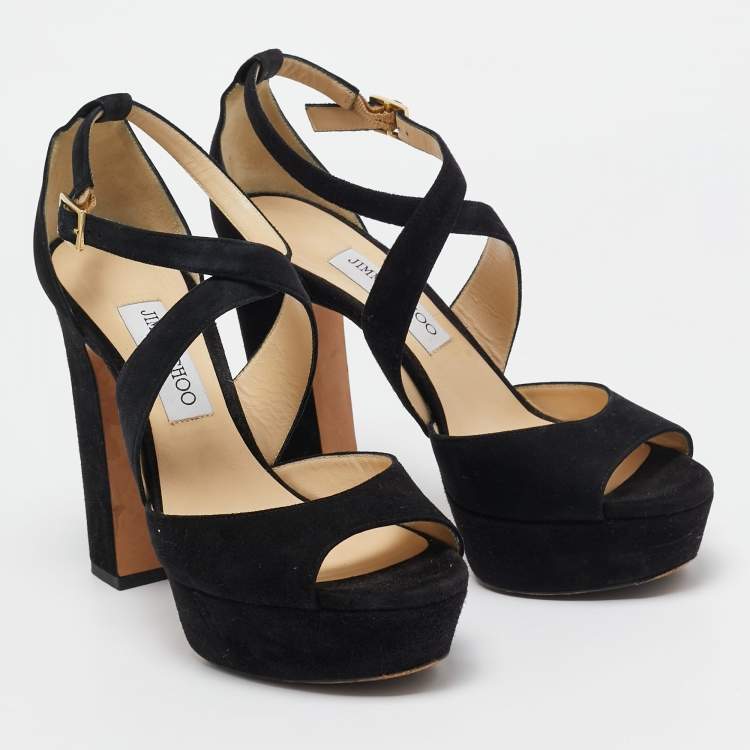 Pre Owned Jimmy Choo Black Suede Platform Ankle Strap Sandals Size 39