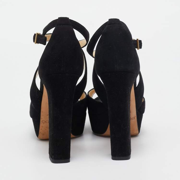 Pre Owned Jimmy Choo Black Suede Platform Ankle Strap Sandals Size 39