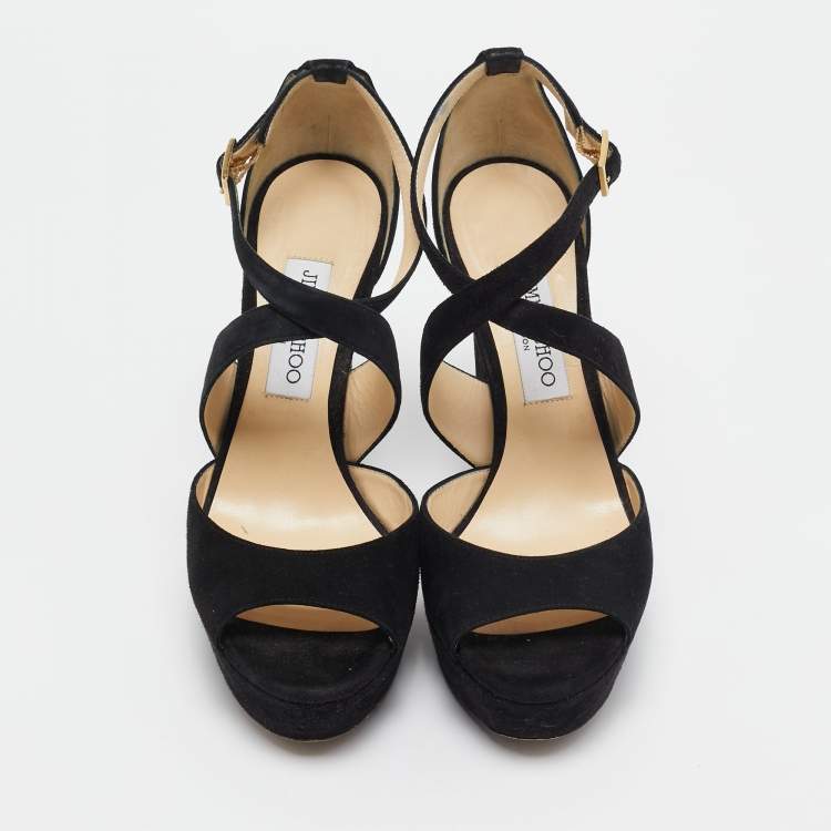 Pre Owned Jimmy Choo Black Suede Platform Ankle Strap Sandals Size 39