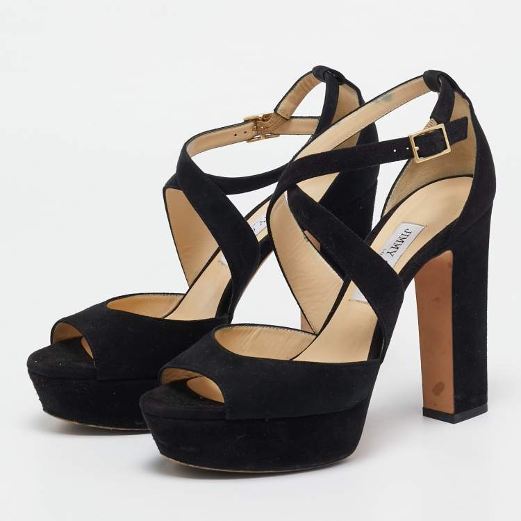 Pre Owned Jimmy Choo Black Suede Platform Ankle Strap Sandals Size 39