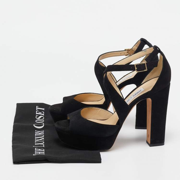 Pre Owned Jimmy Choo Black Suede Platform Ankle Strap Sandals Size 39