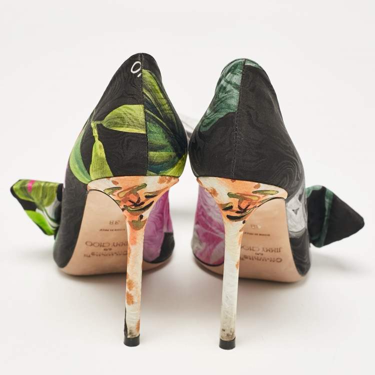 Pre Owned Jimmy Choo x Off-White Black Floral Print Fabric Mary Bow Pumps Size 38