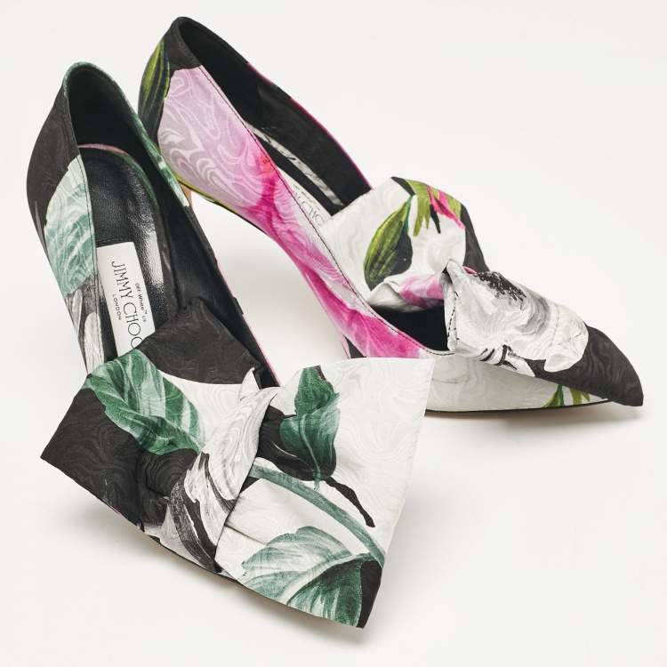 Pre Owned Jimmy Choo x Off-White Black Floral Print Fabric Mary Bow Pumps Size 38