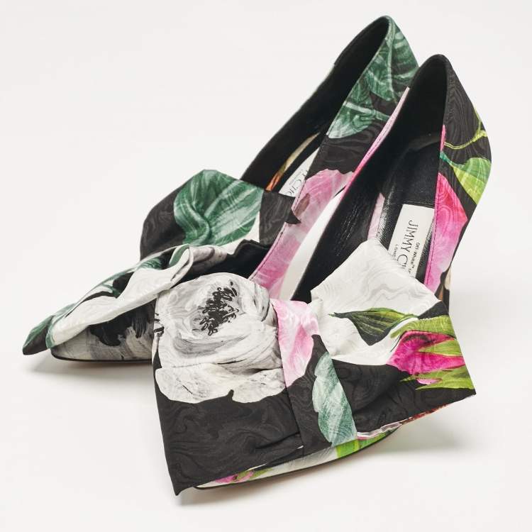 Pre Owned Jimmy Choo x Off-White Black Floral Print Fabric Mary Bow Pumps Size 38