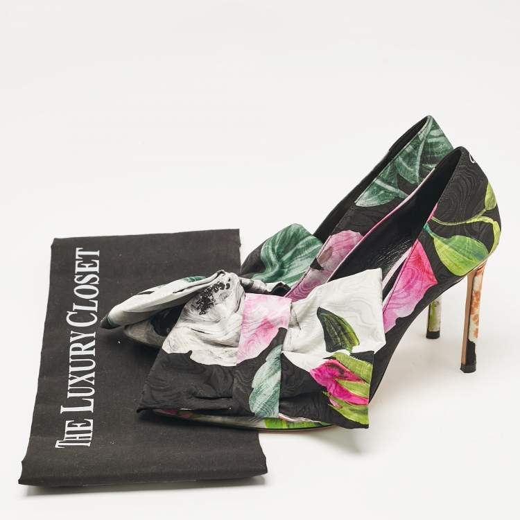 Pre Owned Jimmy Choo x Off-White Black Floral Print Fabric Mary Bow Pumps Size 38