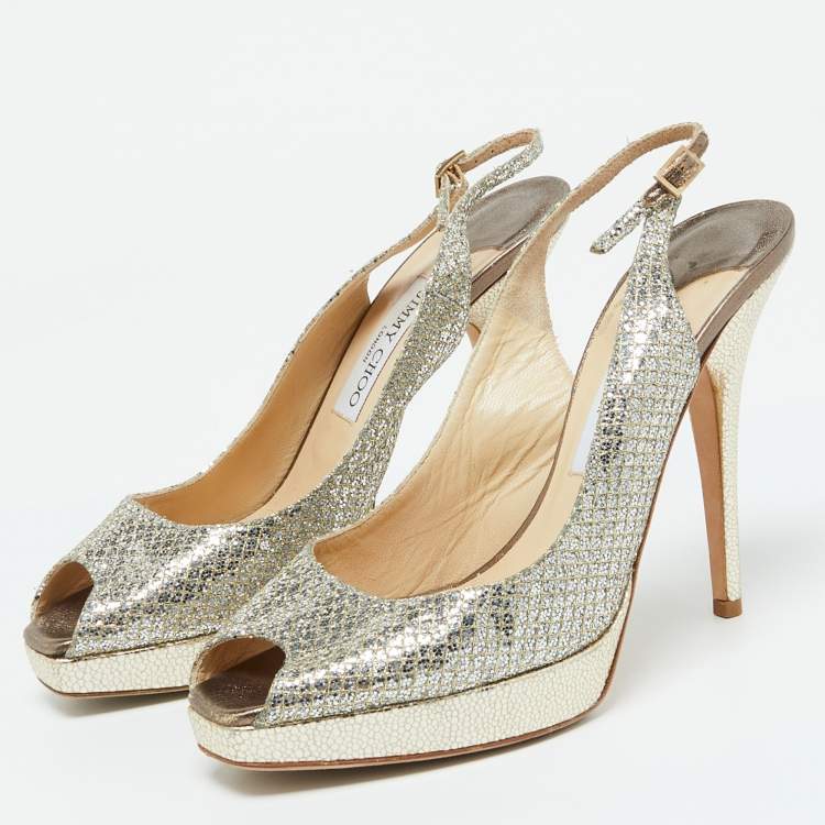 Pre Owned Jimmy Choo Gold Lurex Fabric Nova Peep Toe Slingback Sandals Size 39