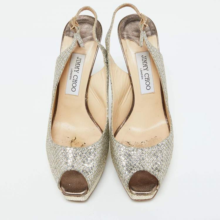 Pre Owned Jimmy Choo Gold Lurex Fabric Nova Peep Toe Slingback Sandals Size 39